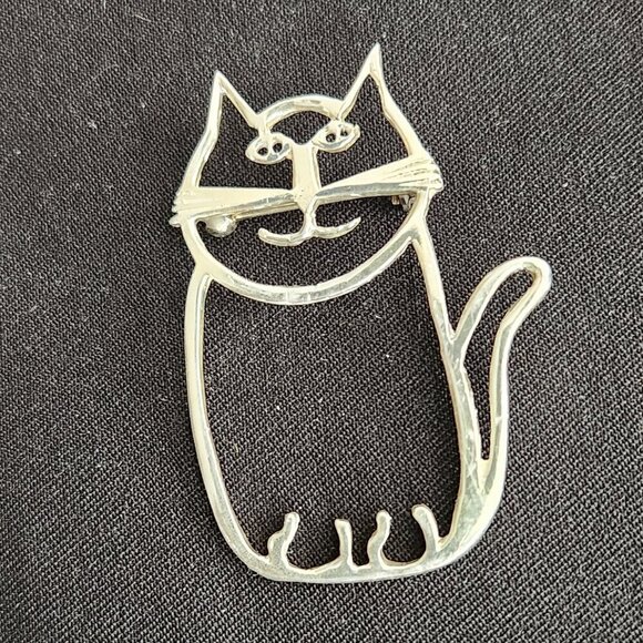 Sterling Silver Kitty-Kat Brooch Pin - Picture 1 of 3